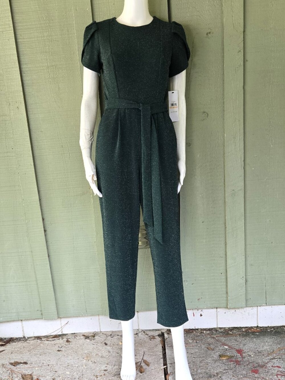 NWT CALVIN KLEIN Dark Green Sparkly Tulip Sleeve Belted Jumpsuit 2